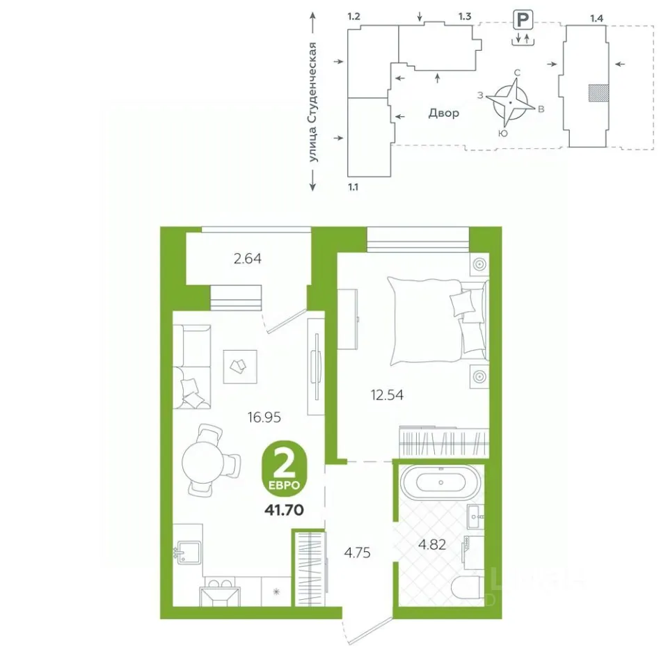 1-к кв. Свердловская область, Екатеринбург ул. Студенческая, 1А (41.7 м²)