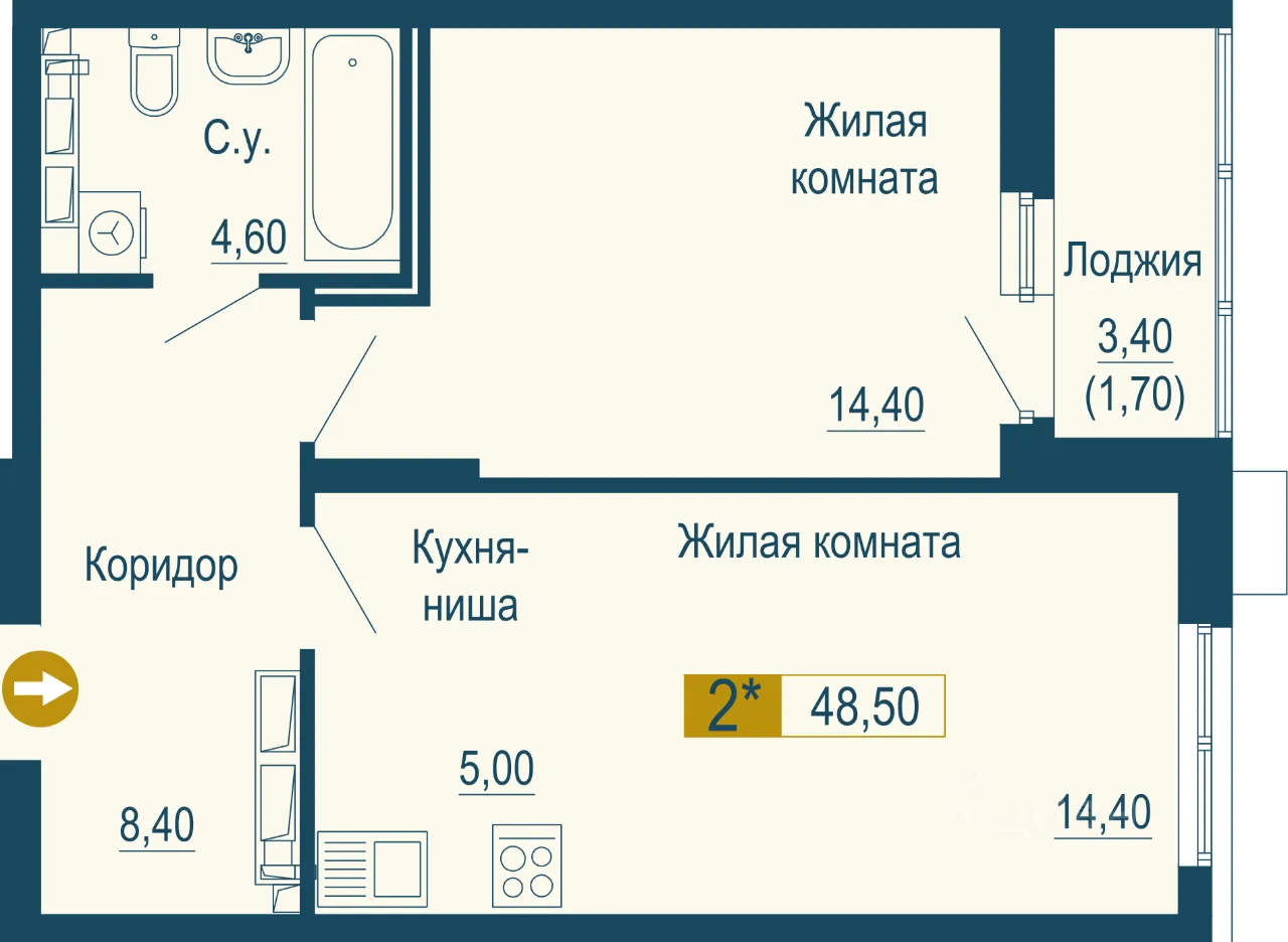 2-к кв. Свердловская область, Екатеринбург ул. Татищева, 107 (48.5 м²)