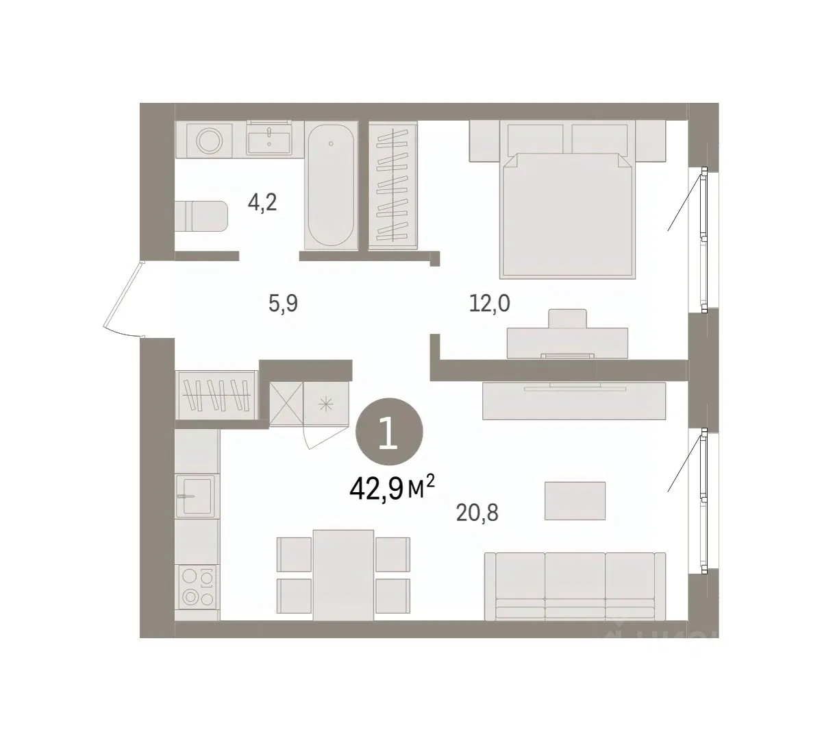 1-к кв. Свердловская область, Екатеринбург пер. Торфяной, 10 (42.9 м²)