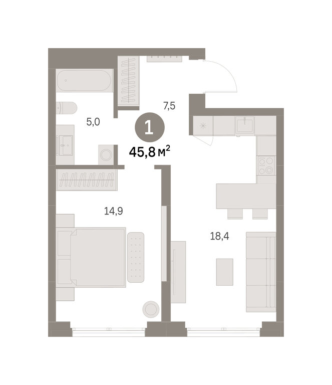 1-комнатная квартира: Екатеринбург, микрорайон Академический, 19-й квартал, ЖК Брусника в Академическом (45.77 м²)