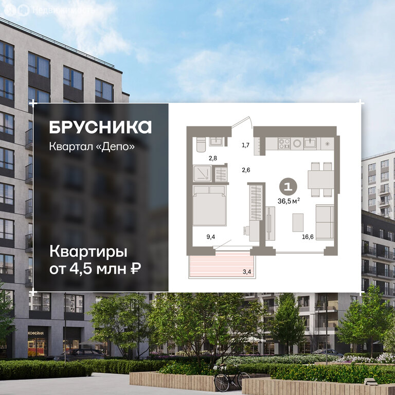 1-комнатная квартира: Екатеринбург, жилой район Сортировочный, микрорайон Старая Сортировка, ЖК Квартал Депо (36.52 м²)