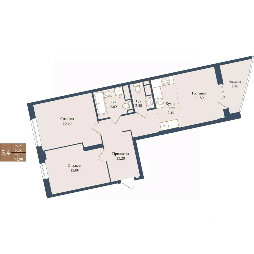 2-к кв. Свердловская область, Екатеринбург ул. Щербакова, 20 (69.1 м²)