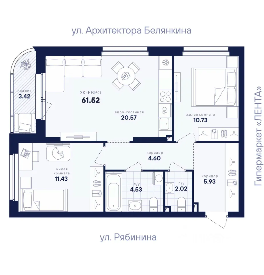 2-к кв. Свердловская область, Екатеринбург ул. Рябинина, 42 (61.52 м²)