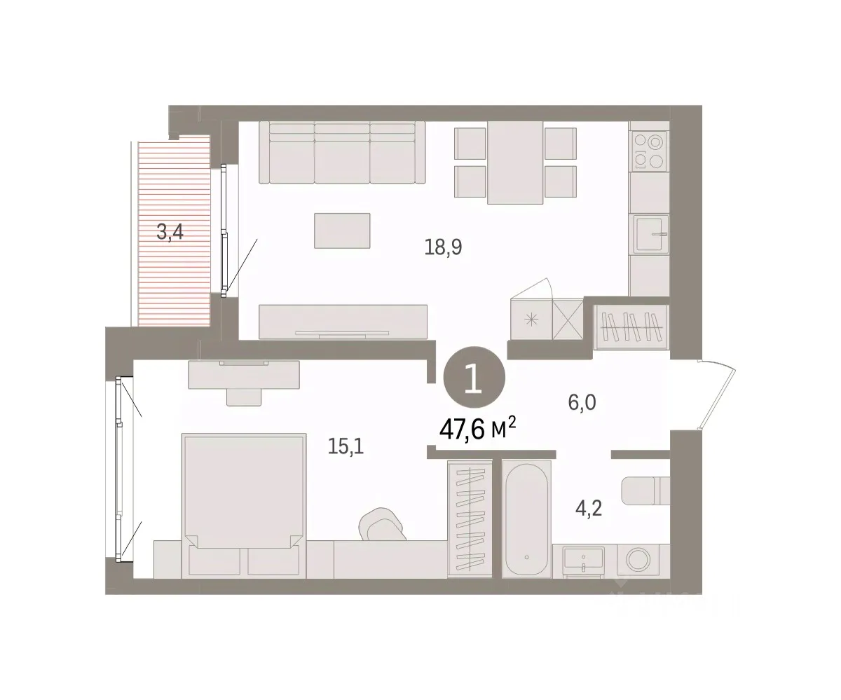 1-к кв. Свердловская область, Екатеринбург пер. Торфяной, 10 (47.6 м²)
