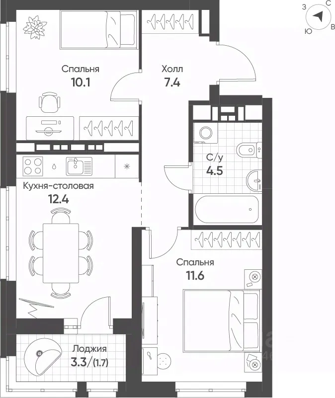 2-к кв. Свердловская область, Екатеринбург Солнечный жилрайон, (47.7 м²)
