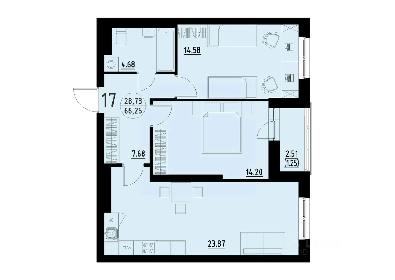 2-к кв. Свердловская область, Екатеринбург ул. Черкасская, 5 (66.26 м²)