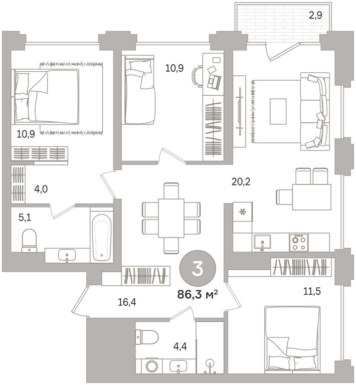 3-комнатная квартира: Екатеринбург, жилой район ВИЗ, ЖК Городские легенды (86.3 м²)