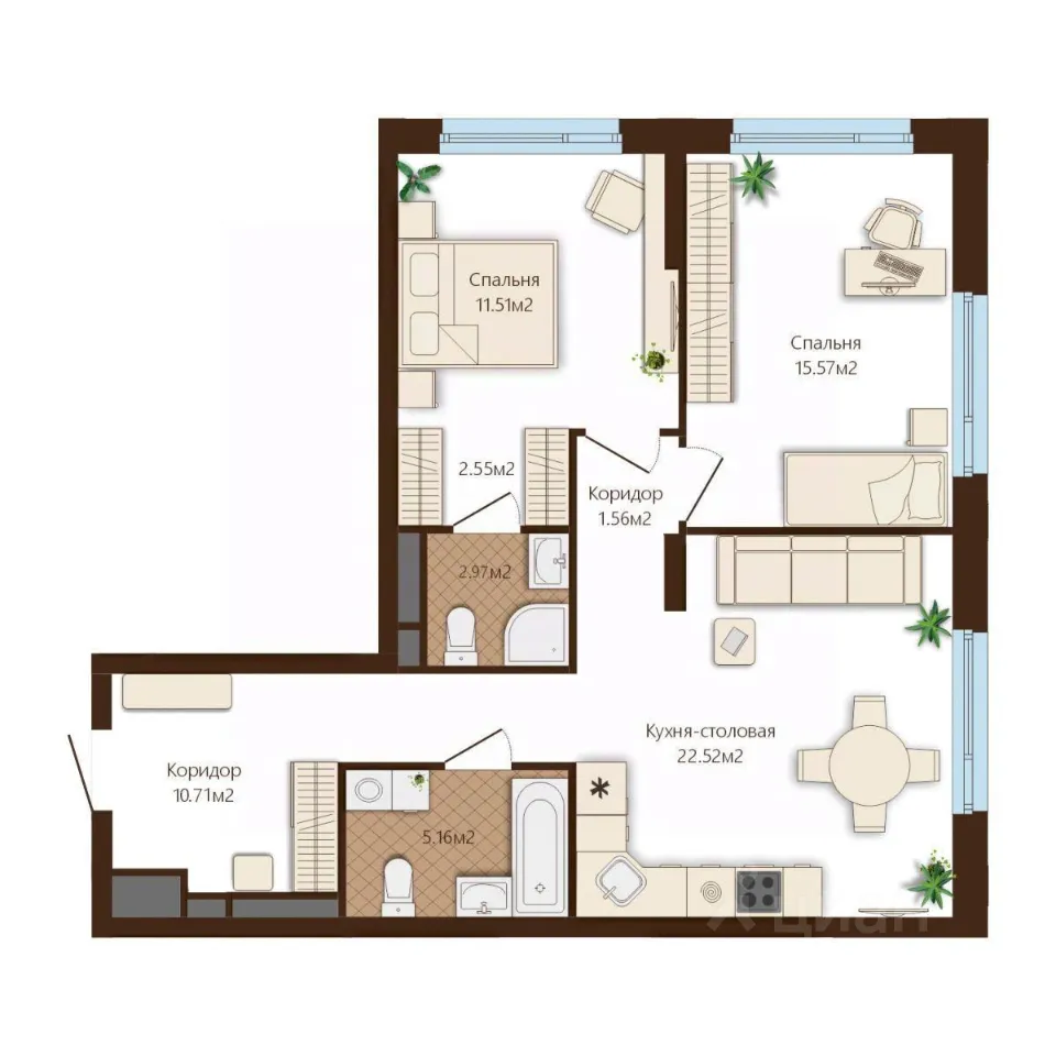 2-к кв. Свердловская область, Екатеринбург тракт Сибирский, 16 (72.55 м²)