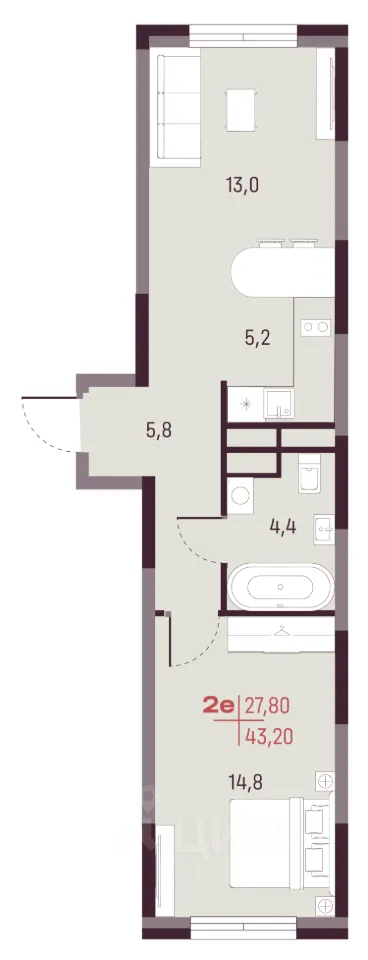 2-к кв. Свердловская область, Екатеринбург ул. Академика Ландау, 13 (43.2 м²)