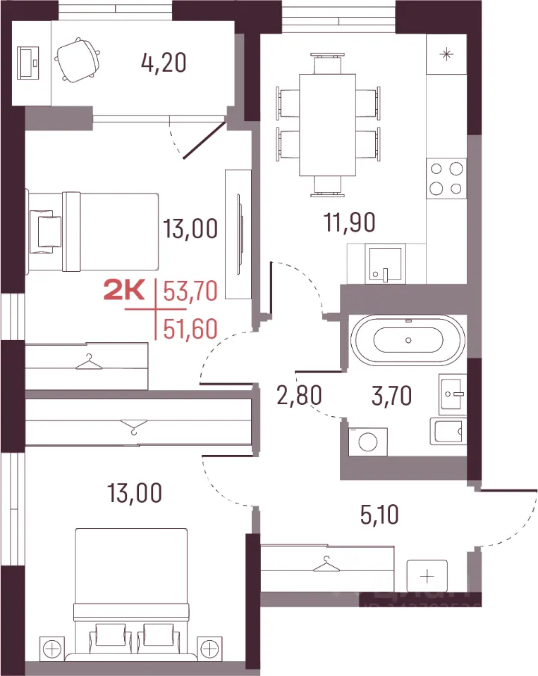 2-к кв. Свердловская область, Екатеринбург ул. Академика Вавилова, 7 (52.3 м²)