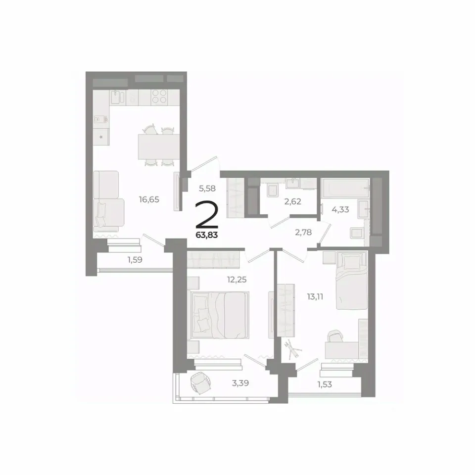 2-к кв. Свердловская область, Екатеринбург ул. Фурманова (64.4 м²)