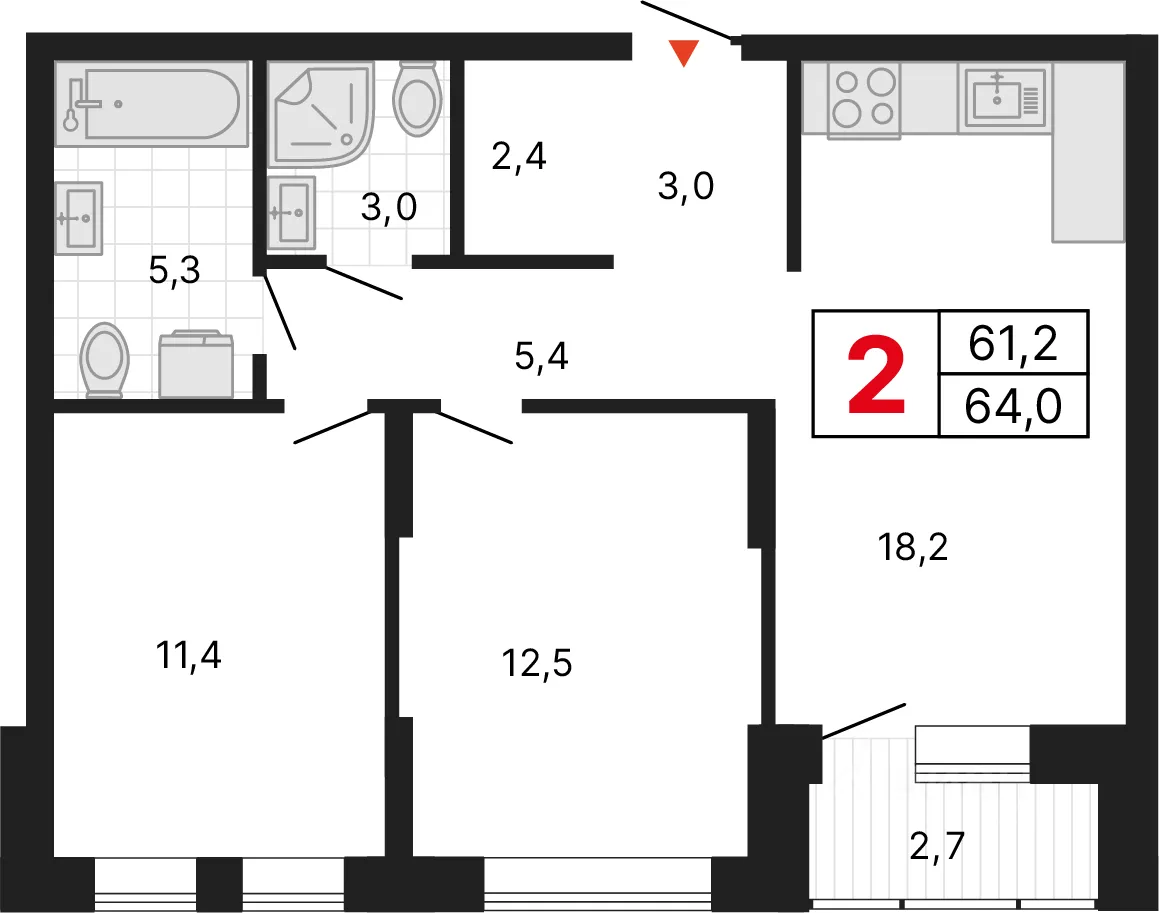 2-к кв. Свердловская область, Екатеринбург ул. Студенческая, 1А (63.3 м²)