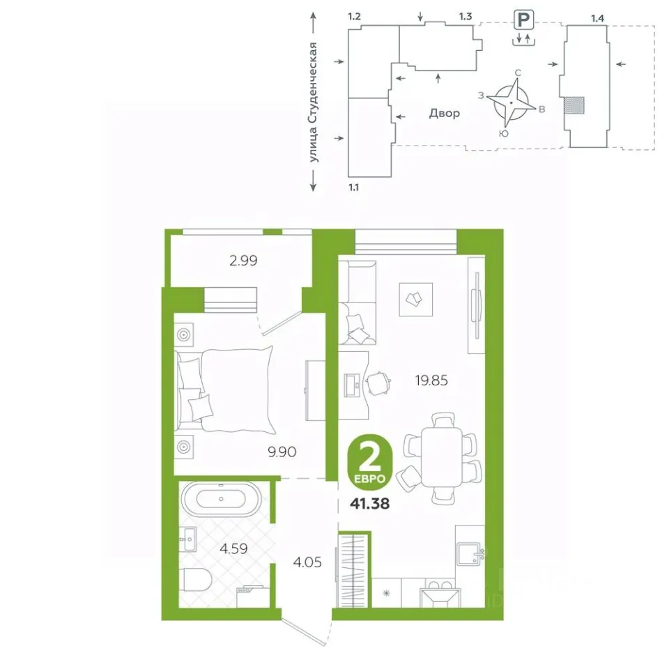 1-к кв. Свердловская область, Екатеринбург ул. Студенческая, 1А (41.38 м²)