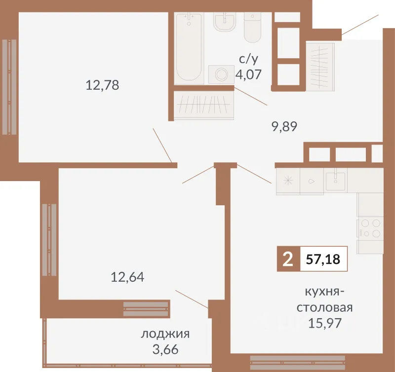 2-к кв. Свердловская область, Екатеринбург пер. Старателей (57.18 м²)