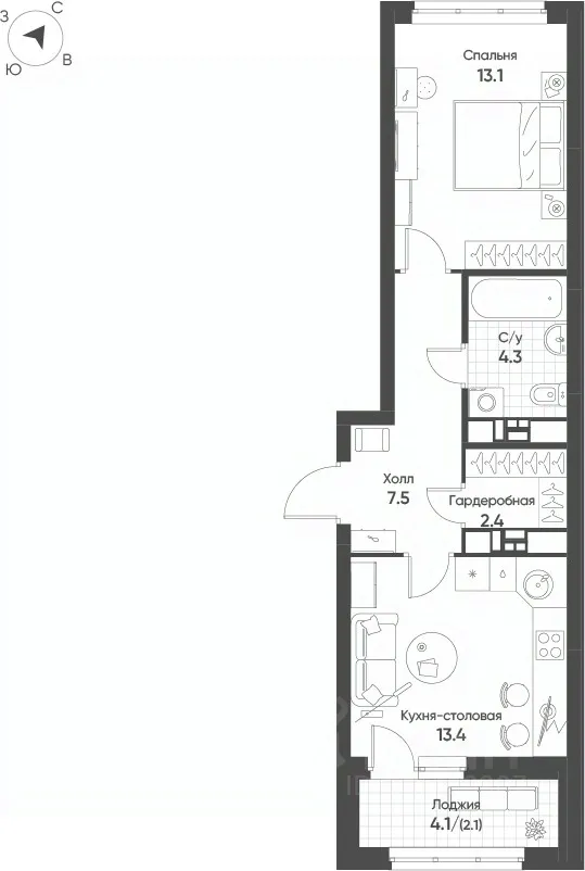 1-к кв. Свердловская область, Екатеринбург Солнечный жилрайон, (42.8 м²)