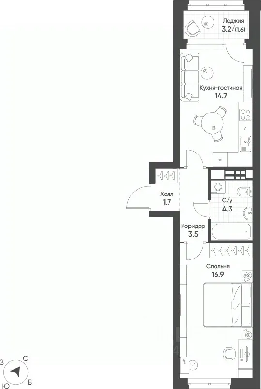 1-к кв. Свердловская область, Екатеринбург Солнечный жилрайон, (42.5 м²)