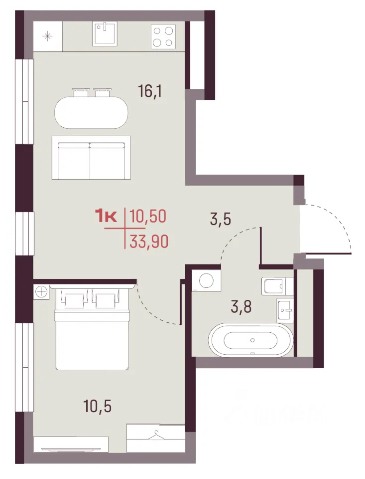 1-к кв. Свердловская область, Екатеринбург ул. Академика Ландау, 13 (33.9 м²)