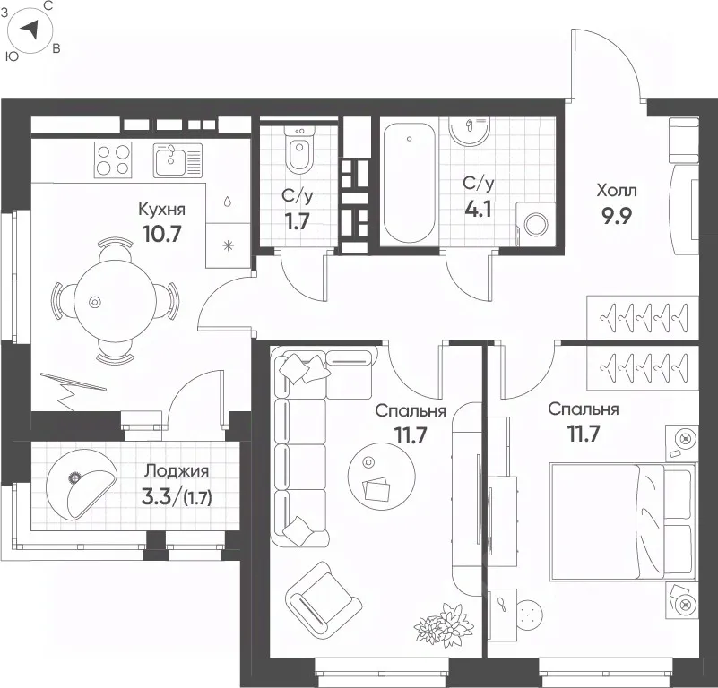 2-к кв. Свердловская область, Екатеринбург Солнечный жилрайон,  (51.5 м²)