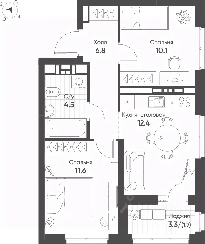 2-к кв. Свердловская область, Екатеринбург Солнечный жилрайон,  (47.1 м²)
