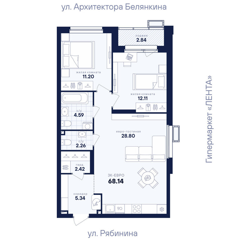 2-комнатная квартира: Екатеринбург, улица Рябинина, 42 (68.14 м²)