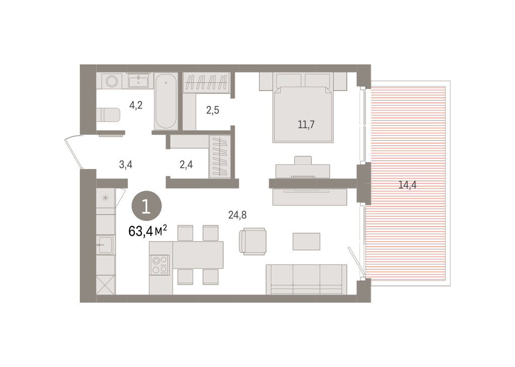 1-комнатная квартира: Екатеринбург, Торфяной переулок, 10 (63.4 м²)