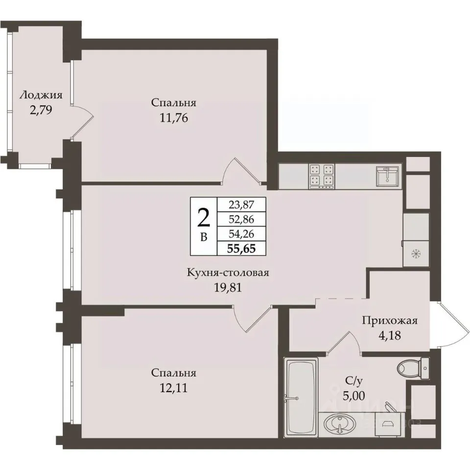 2-к кв. Свердловская область, Екатеринбург ул. Репина, 64 (54.26 м²)