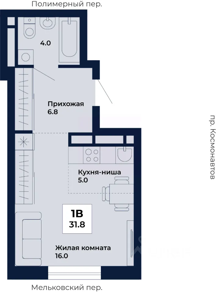 Студия Свердловская область, Екатеринбург Космос жилой комплекс (31.8 м²)