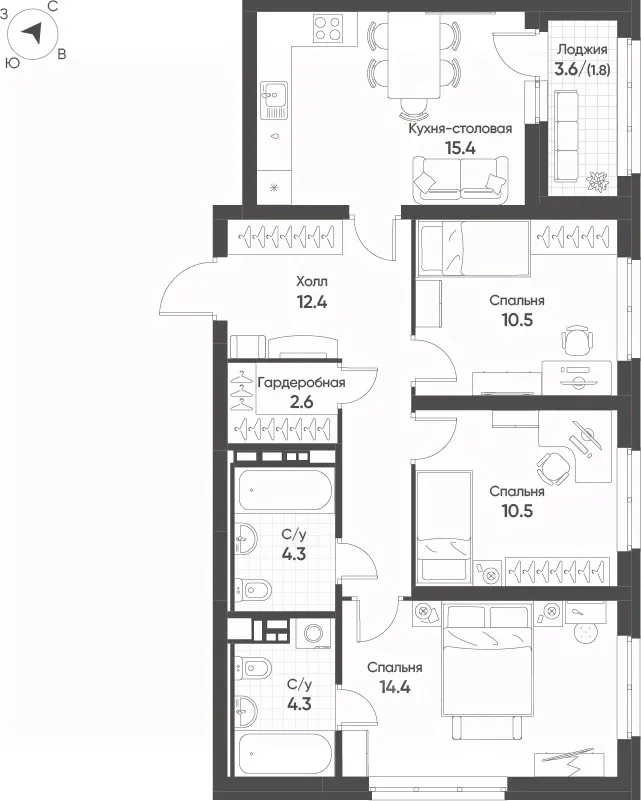 3-к кв. Свердловская область, Екатеринбург Солнечный жилрайон,  (76.2 м²)