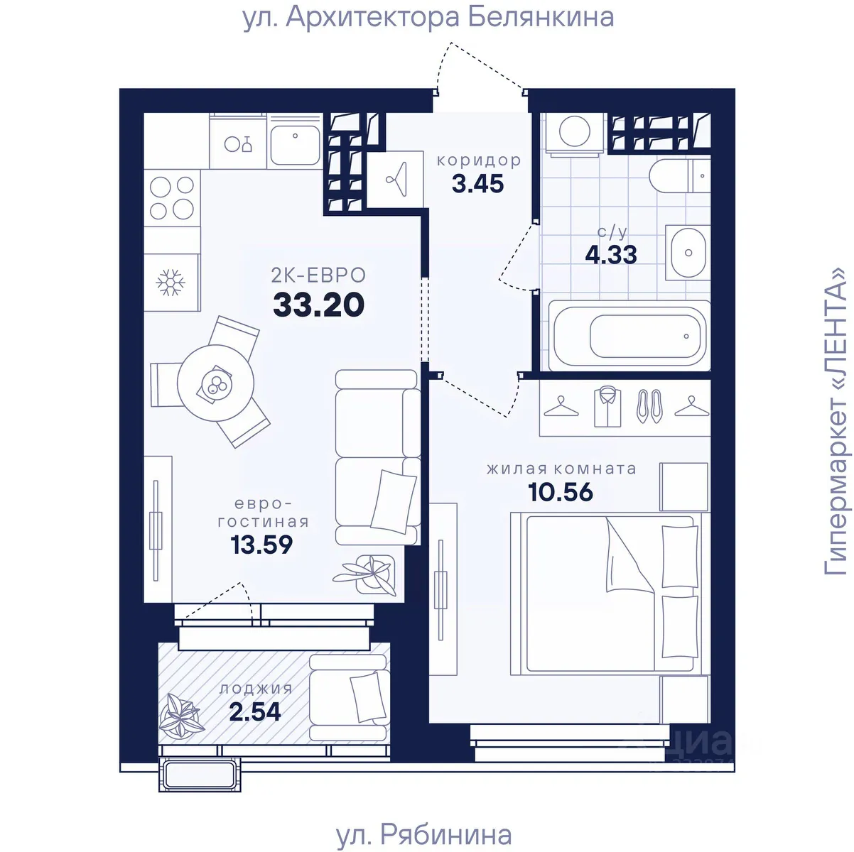 1-к кв. Свердловская область, Екатеринбург ул. Рябинина, 42 (33.2 м²)