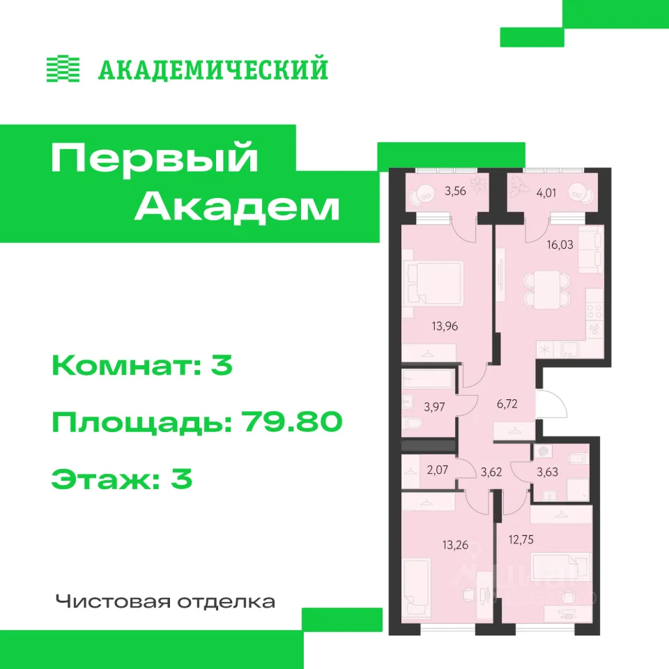 3-к кв. Свердловская область, Екатеринбург Академический мкр, 3-й кв-л,  (79.8 м²)