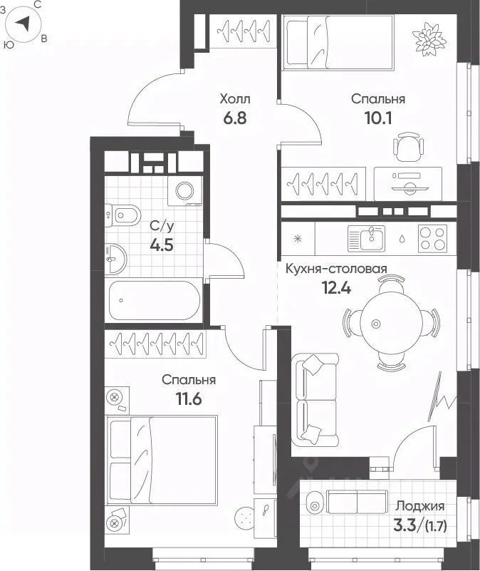 2-к кв. Свердловская область, Екатеринбург Солнечный жилрайон,  (47.1 м²)