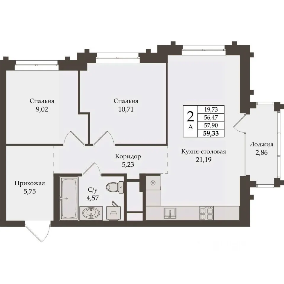 2-к кв. Свердловская область, Екатеринбург ул. Репина, 64 (57.9 м²)