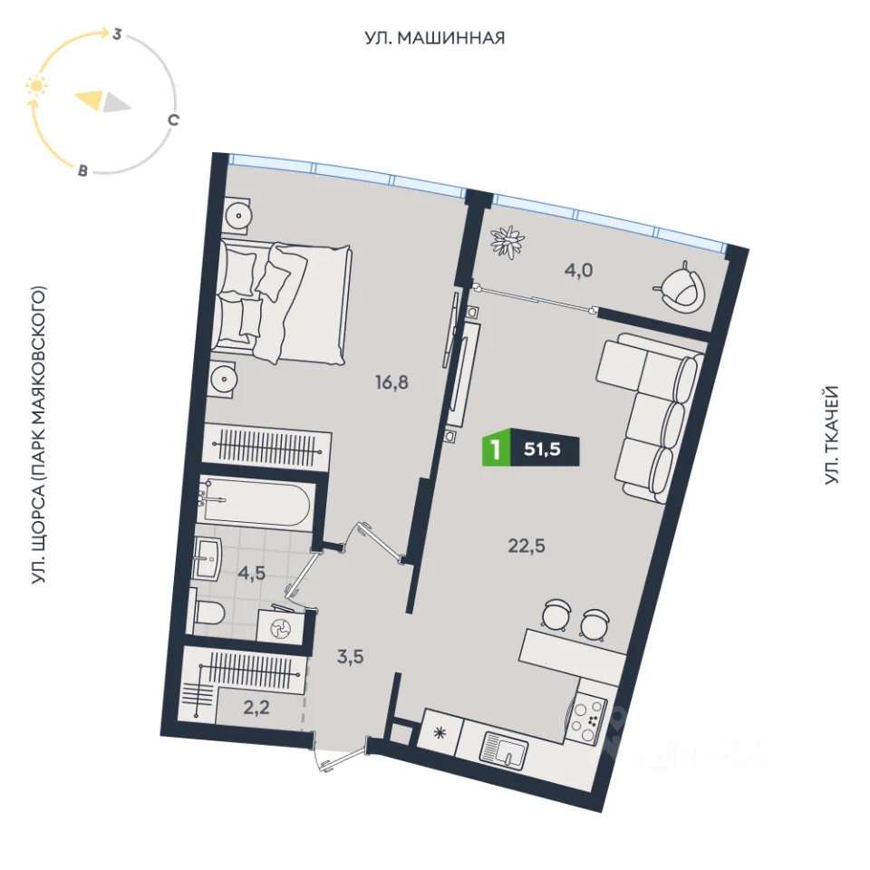 1-к кв. Свердловская область, Екатеринбург ул. Машинная, 1в/2 (51.5 м²)