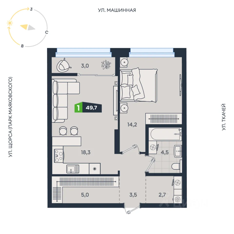 1-к кв. Свердловская область, Екатеринбург ул. Машинная, 1в/2 (49.7 м²)
