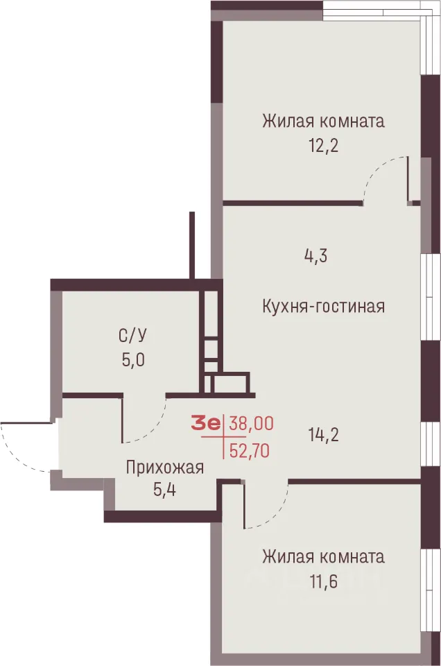 3-к кв. Свердловская область, Екатеринбург ул. Академика Ландау, 13 (52.7 м²)