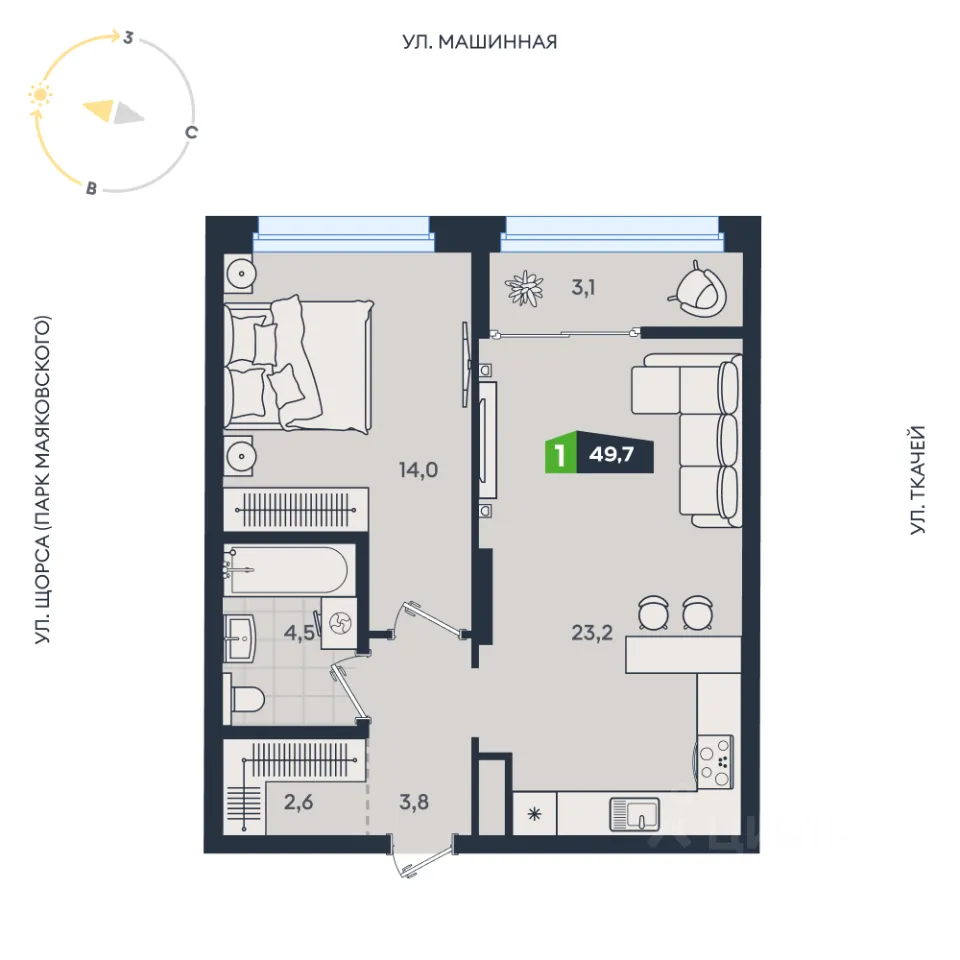 1-к кв. Свердловская область, Екатеринбург ул. Машинная, 1в/2 (49.7 м²)