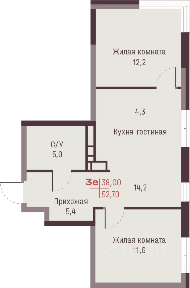 3-к кв. Свердловская область, Екатеринбург ул. Академика Ландау, 13 (52.7 м²)