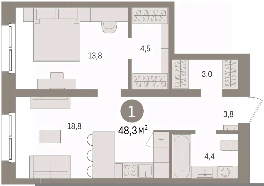 1-к кв. Свердловская область, Екатеринбург пер. Торфяной, 10 (48.3 м²)