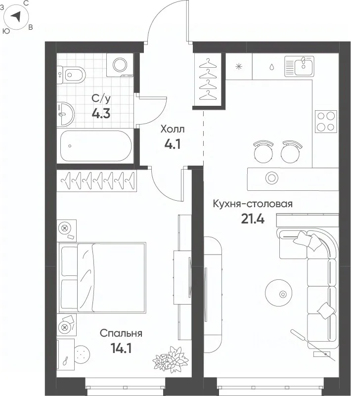 1-к кв. Свердловская область, Екатеринбург Солнечный жилрайон, (43.9 м²)