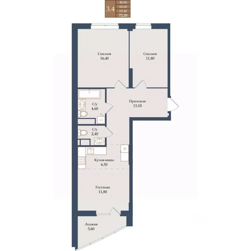 2-к кв. Свердловская область, Екатеринбург ул. Щербакова, 20 (69.4 м²)