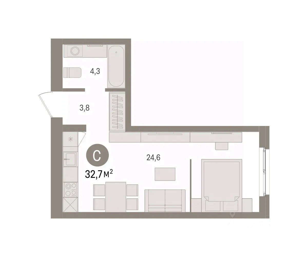 Студия Свердловская область, Екатеринбург пер. Торфяной, 10 (32.7 м²)