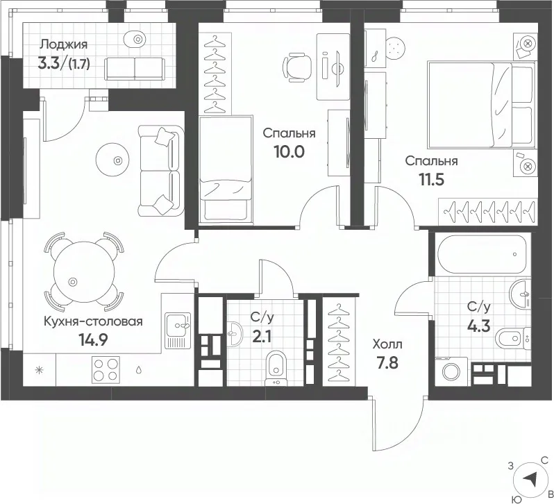 2-к кв. Свердловская область, Екатеринбург Солнечный жилрайон,  (52.3 м²)