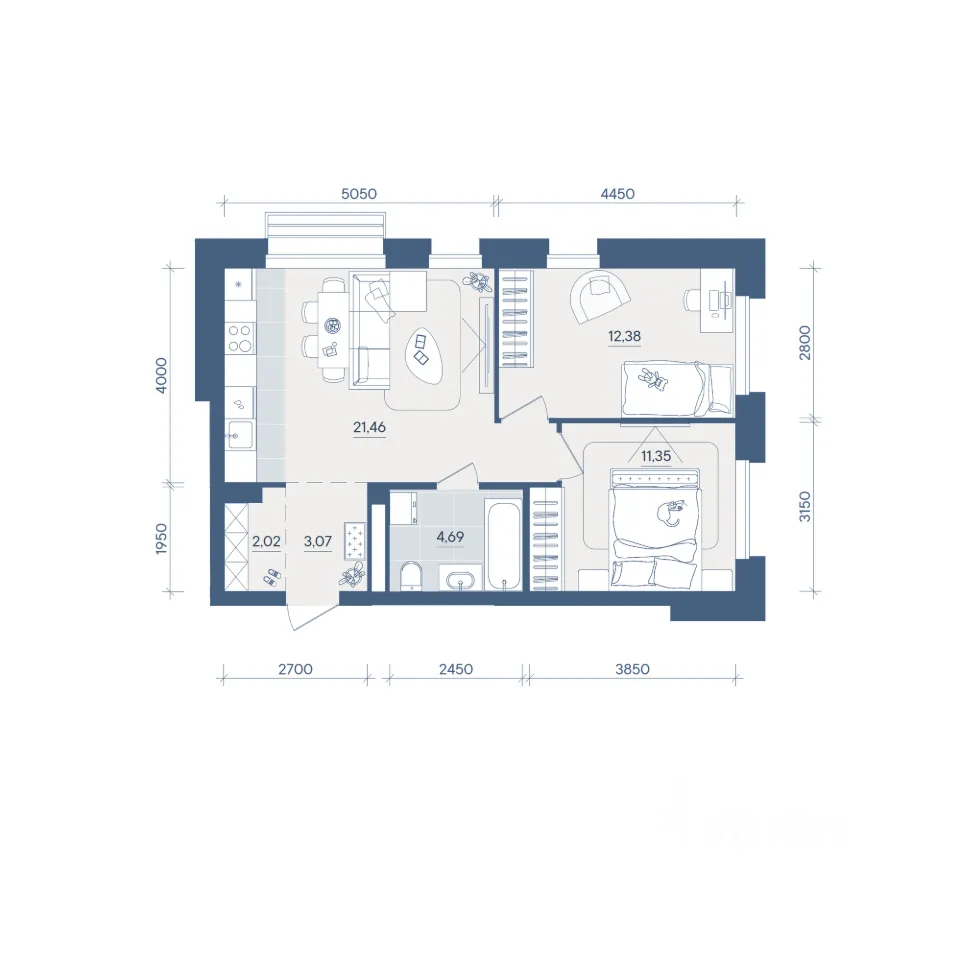 2-к кв. Свердловская область, Екатеринбург ул. Энтузиастов, 18 (54.97 м²)