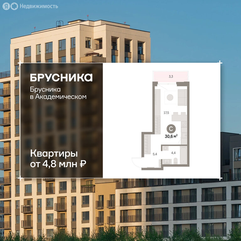 Квартира-студия: Екатеринбург, микрорайон Академический, 19-й квартал, ЖК Брусника в Академическом (30.63 м²)