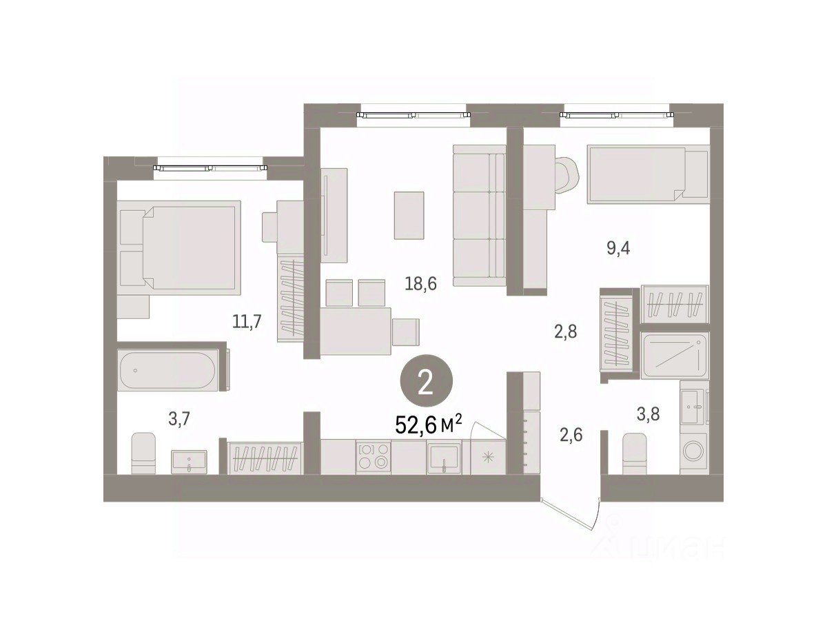 2-к кв. Свердловская область, Екатеринбург пер. Торфяной, 10 (52.6 м²)