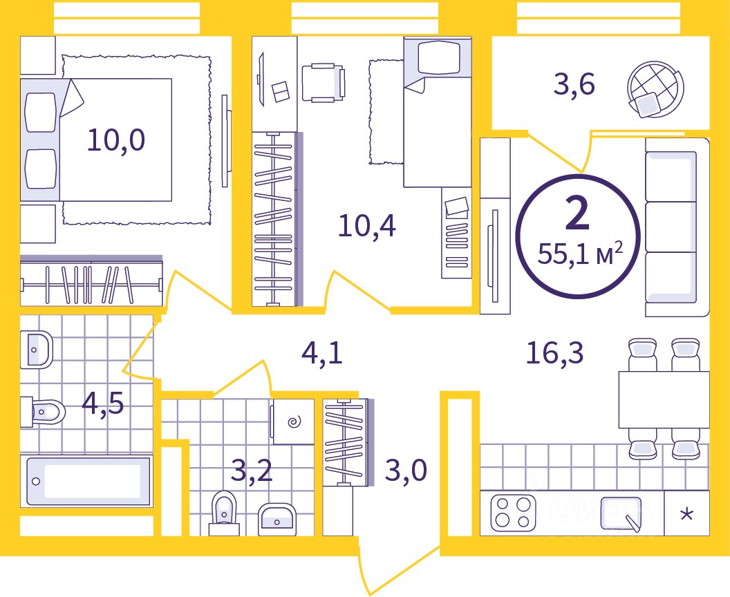 2-к кв. Свердловская область, Екатеринбург ул. Щербакова, 82 (53.26 м²)