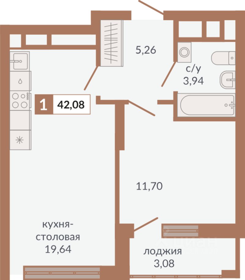 1-к кв. Свердловская область, Екатеринбург пер. Старателей (42.08 м²)