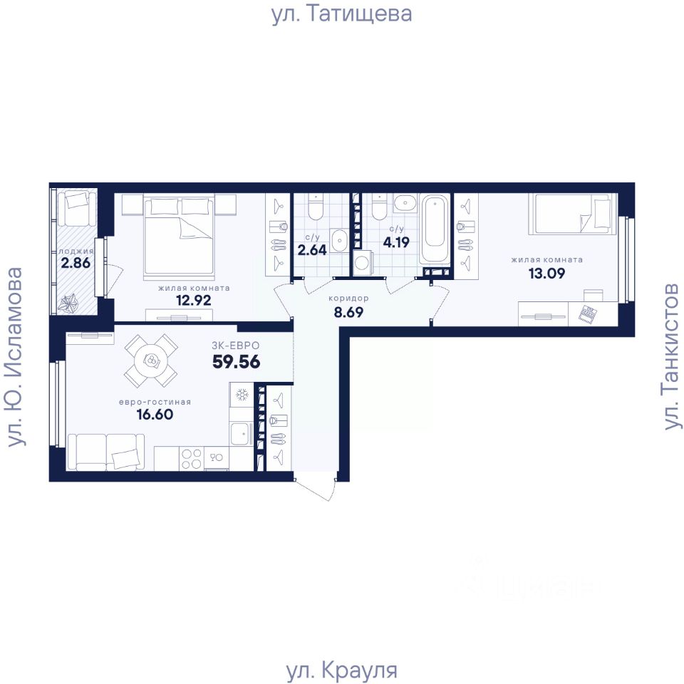2-к кв. Свердловская область, Екатеринбург ул. Крауля, 170Б (59.56 м²)