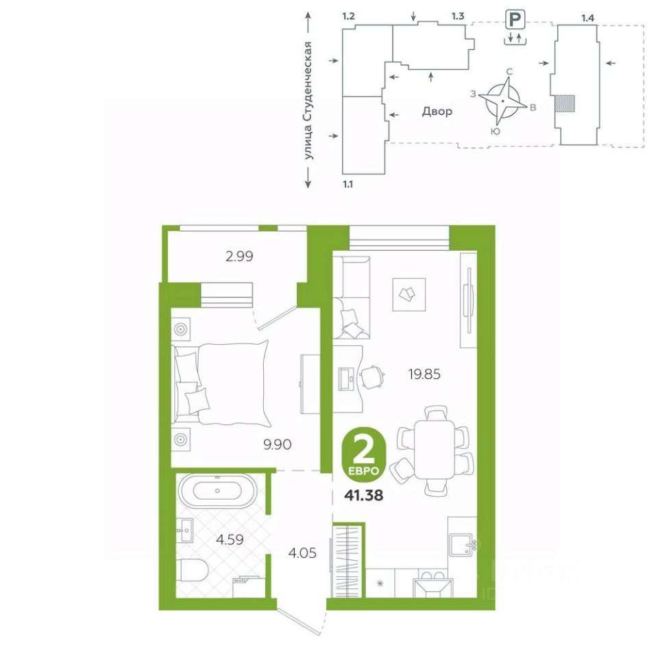 1-к кв. Свердловская область, Екатеринбург ул. Студенческая, 1А (41.38 м²)