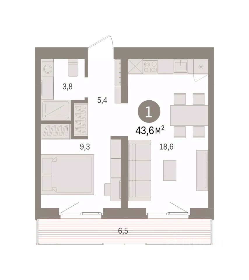 1-к кв. Свердловская область, Екатеринбург пер. Торфяной, 10 (43.6 м²)
